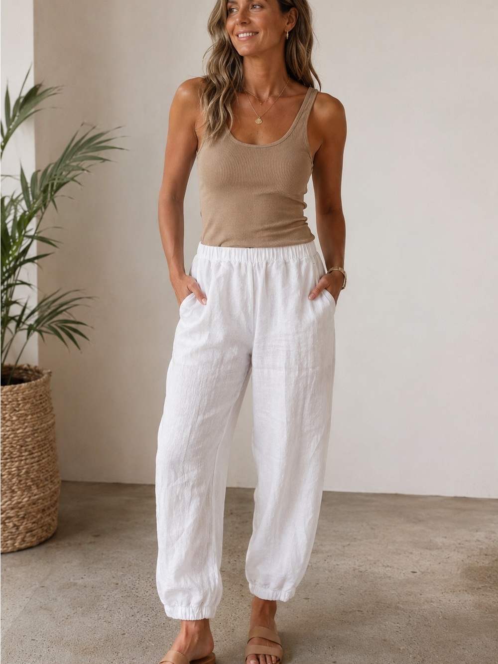 Joie White Linen High waisted Pants Joggers Sz Large
